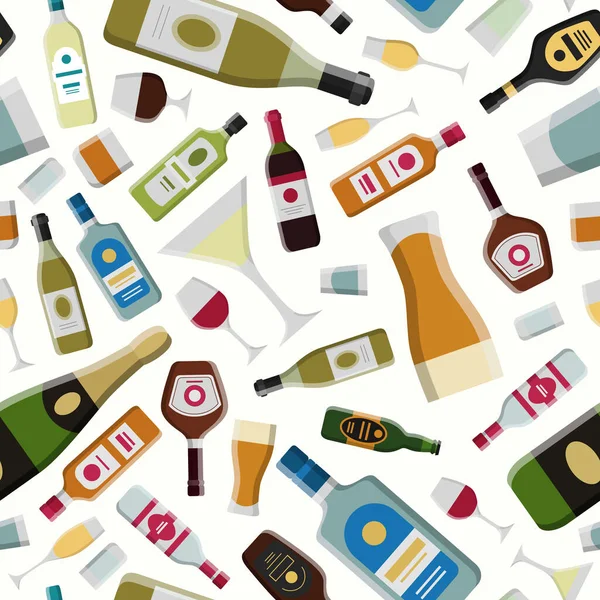 Alkoholgetränk Vektorfarbhintergrund Nahtloses Muster Von Glas Flasche Wein Bier Champagner — Stockvektor