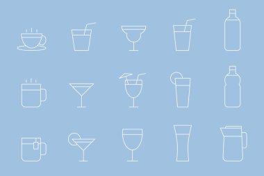 Yumuşak içecek simgeleri seti - Su, soda, meyve suyu, kokteyl, bardak, bardak, kahve, çay, site veya arayüz için vektör ana hatları