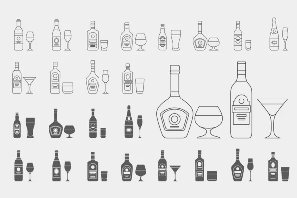 Bebida Alcoólica Conjunto Ícones Símbolos Contorno Vetorial Silhuetas Vidro Garrafa — Vetor de Stock