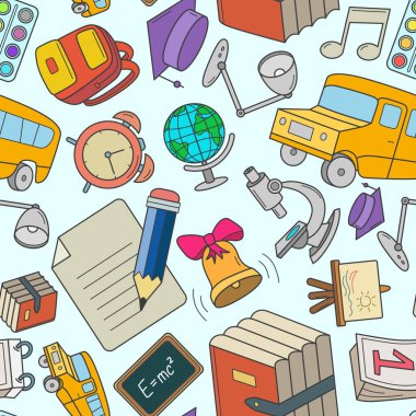 Okul - Grafik tasarımı için eğitim aksesuarlarının vektör renk arkaplanı (kusursuz desen)