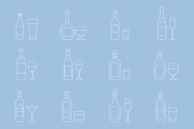 Alkol içeceği setleri - Cam, şişe, şarap, bira, şampanya, viski, votka, konyak ve site veya arayüz için diğerleri için vektör ana hatları sembolleri