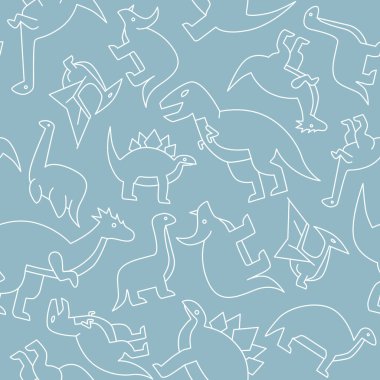 Dinozorlar - Triceratops, stegosaurus, tyrannosaurus ve grafik tasarım için Jurasik dönemin diğer hayvanlarının vektör arkaplanı (kusursuz desen)