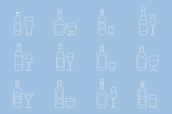 Alcohol Drink Icons Set Vector Outline Symbols Glass Bottle Wine — Stock Vector