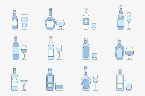酒精饮料图标集 用于网站或界面的杯子 葡萄酒 威士忌 伏特加 白兰地等向量色符号 — 图库矢量图片