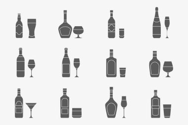 Alkol içeceği setleri - Site veya arayüz için cam, şişe, şarap, bira, şampanya, viski, votka, konyak ve diğerleri vektör siluetleri