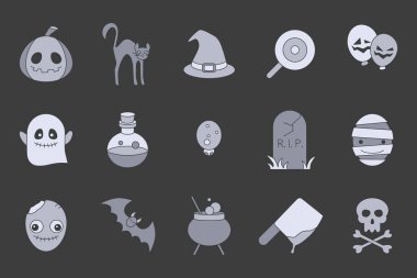 Cadılar Bayramı simgeleri seti - Kabak, hayalet, yarasa, örümcek, kafatası, kedi ve diğer arayüz için vektör renk sembolleri