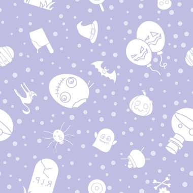 Cadılar Bayramı - Balkabağı, hayalet, yarasa, örümcek, kafatası, kedi ve diğerlerinin grafik tasarımı için vektör arkaplanı (kusursuz desen)