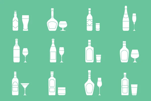 Alcohol Drink Icons Set Vector Silhouettes Glass Bottle Wine Beer — стоковый вектор