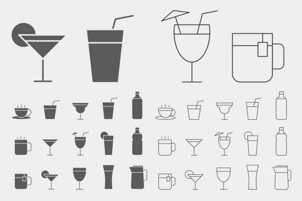 Soft Drink Icons Set Vector Outline Symbols Silhouettes Water Soda — Stock Vector