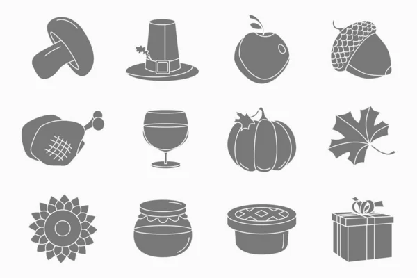 Jeu Icônes Thanksgiving Silhouettes Vectorielles Citrouille Dinde Pomme Tarte Chapeau — Image vectorielle