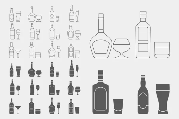 Alkoholgetränk Symbolset Vektor Umreißt Symbole Und Silhouetten Aus Glas Flasche — Stockvektor