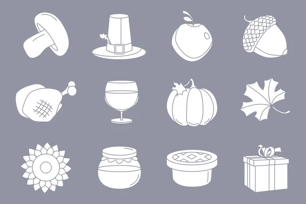 Jeu Icônes Thanksgiving Silhouettes Vectorielles Citrouille Dinde Pomme Tarte Chapeau — Image vectorielle