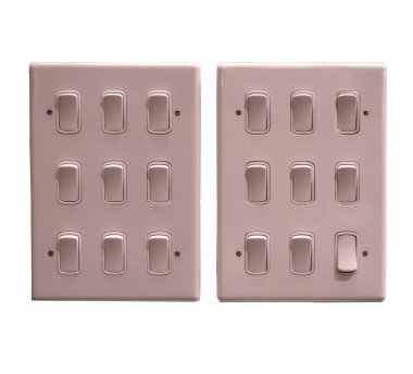 Beyaz arka planda izole edilmiş iki güç switces kümesi