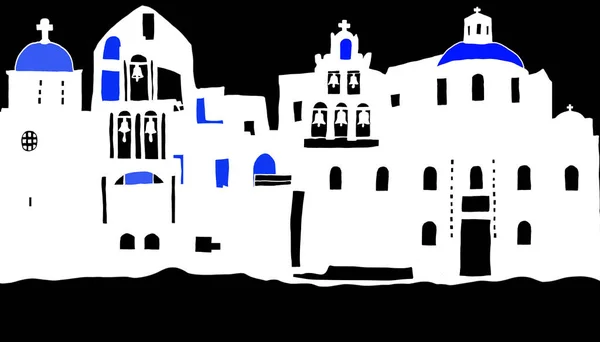 silhouette island of Santorini in Greece with houses and churches