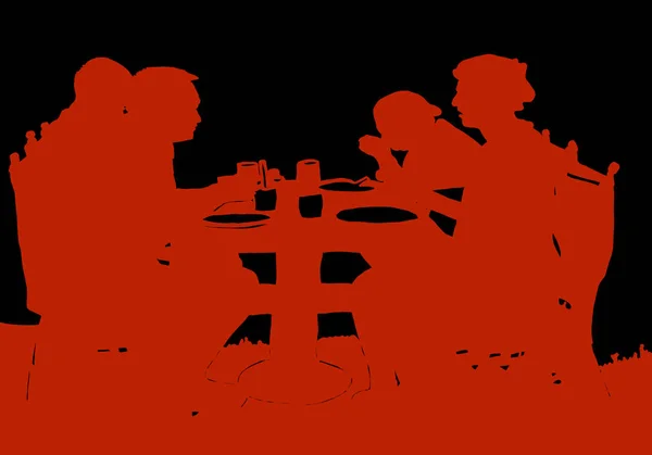 Silhouette Aile Akşam Yemeği Için Masada Toplandı — Stok fotoğraf