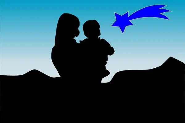 Silueta Mon Con Hijo Mira Cielo Esperando Navidad — Vector de stock