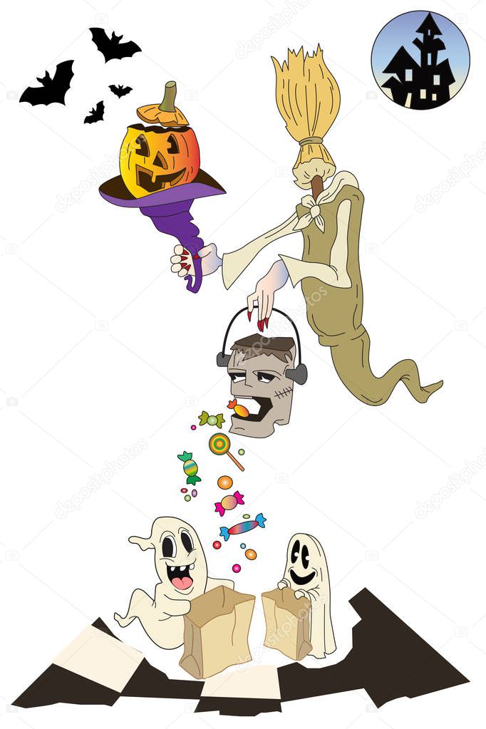 halloween with wicth, ghost, fucks, hat, pumpkin, franckestain, candy, moon and house of horrors