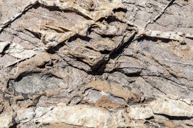 Beyaz kristal çizgileri ile doğal kaya yüzeyi. Doğal kaya yüzeyinin dokusu, kaya katmanları ve beyaz kristallerin çizgileri zaman içinde oluşmuş görebilirsiniz. Arka plan olarak kullanılabilir.