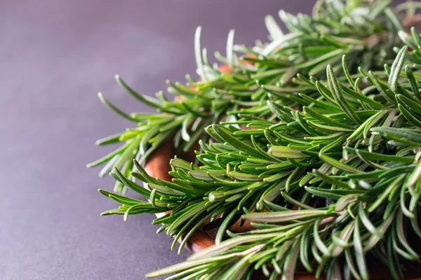 Primer plano macroplano de hierbas frescas de romero verde en un plato — Foto de Stock