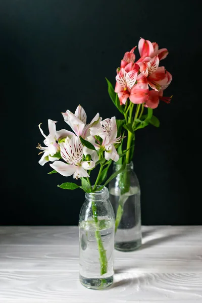 Alstroemeria flowers in glass bottles on black background — Stock Photo, Image