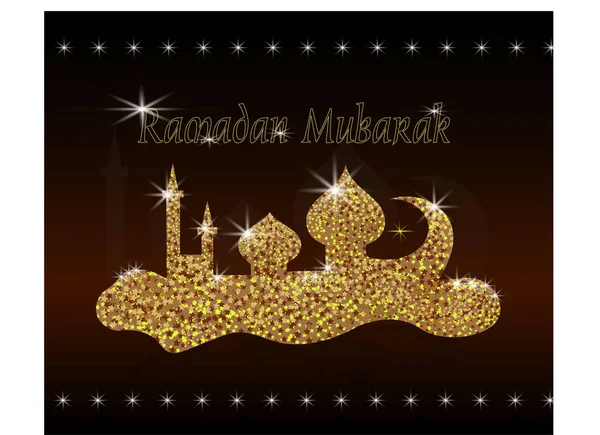 Holiday card for Muslims with their Muslim holiday Ramadan with the image of a mosque and glowing balls on a dark background. Vector.