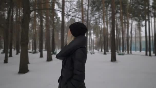 Šťastná dívka v černém kožichu foukání na sněhu v parku. Zimní dovolená. Portrét šťastná dívka v zimě parku, hraje se sněhem. — Stock video