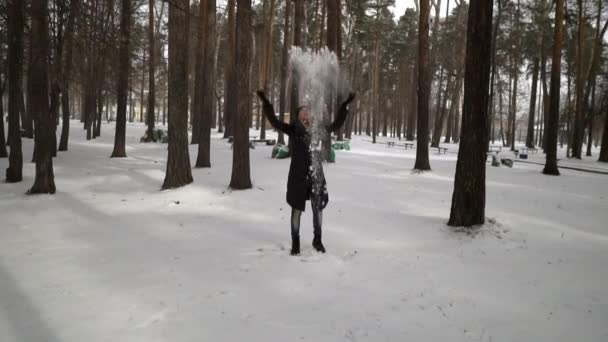 公園で雪の上を吹く黒い毛皮のコートで若い幸せな女の子。冬の休暇。冬の公園で幸せな女の子の肖像画、彼女は雪で遊ぶ. — ストック動画