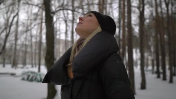 Joven chica feliz con abrigo de piel negra soplando en la nieve en el Parque. Vacaciones de invierno. Retrato de chica feliz en el parque de invierno, ella juega con la nieve . — Vídeo de stock