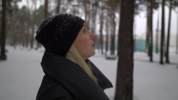 Fiatal lány boldog fekete bundát fúj a hó a parkban. Téli pihenés. Boldog lány az Erdőkertes portréja, ő játszik a hó. — Stock videók