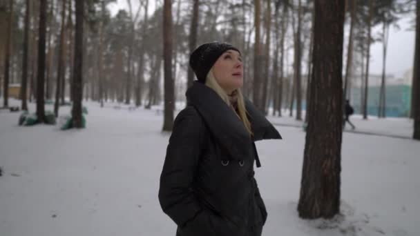 Lycklig flicka i svart päls som blåser på snön i parken. Vintersemester. Porträtt av glad tjej i Vinterparken, hon leker med snö. — Stockvideo