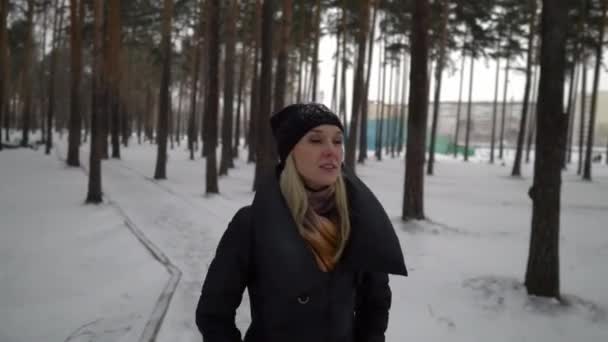 Jeune fille heureuse en manteau de fourrure noire soufflant sur la neige dans le parc. Vacances d'hiver. Portrait de fille heureuse dans le parc d'hiver, elle joue avec la neige . — Video