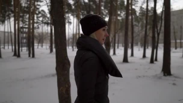 Gelukkig meisje in zwarte bontjas blazen op sneeuw in het Park. Wintervakantie. Portret van gelukkig meisje in winter Park, ze speelt met sneeuw. — Stockvideo