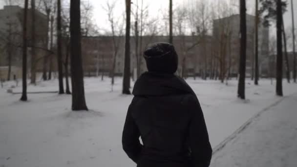 Ευτυχισμένος κορίτσι σε μαύρο γούνινο παλτό που φυσάει χιόνι στο πάρκο. Χειμερινές διακοπές. Πορτρέτο του ευτυχής κορίτσι σε πάρκο του χειμώνα, παίζει με το χιόνι. — Αρχείο Βίντεο