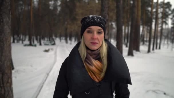 Jovem menina feliz em casaco de pele preta soprando na neve no Parque. Férias de inverno. Retrato de menina feliz no parque de inverno, ela brinca com neve . — Vídeo de Stock