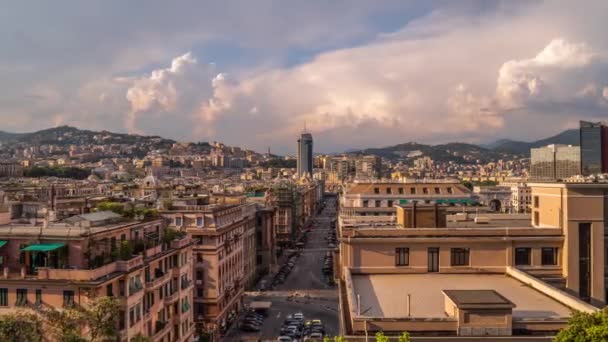 Aerial View of Genoa Skyline, Italy, Lantern Landmark, Liguria, Old Town cityscape hyperlapse — Stock Video