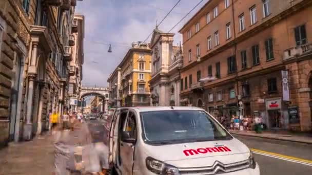 Widok z lotu ptaka Skyline, Włochy, Latarnia Landmark, Liguria, Old Town gród Hyperlapse — Wideo stockowe