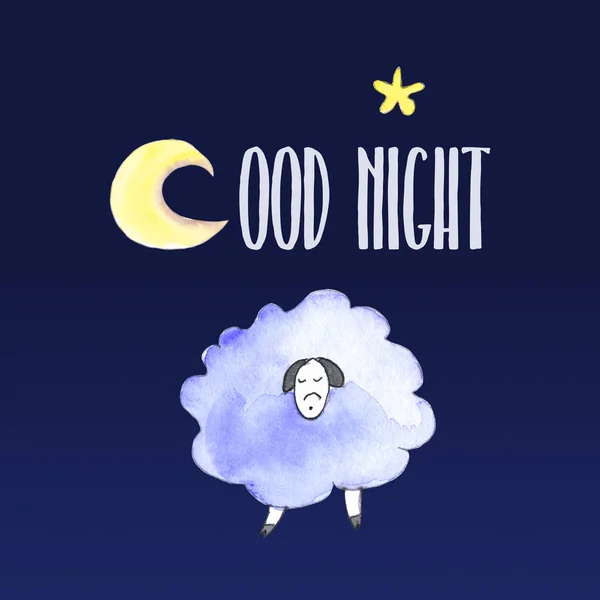 Sleeping sheep and moon good night card