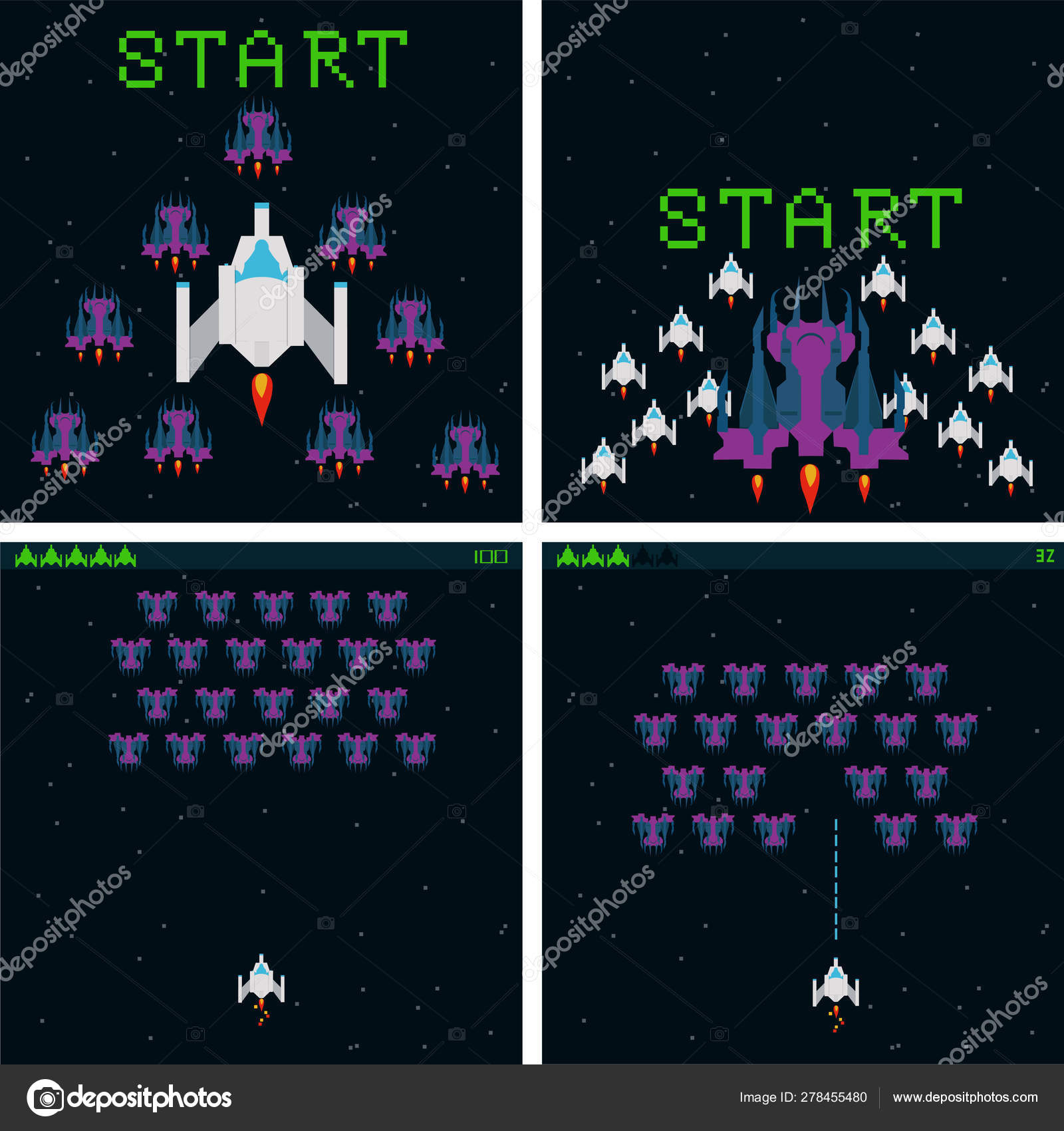 Estilo de arte pixel antigo ufo jogo de guerra espacial. monstros