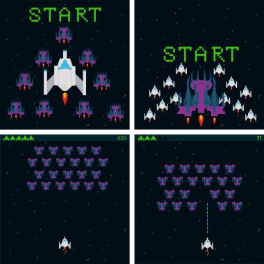 Retro video oyunu, ekran, arcade uzay savaş gemileri, çekim, arka plan haritası, tasarım illüstrasyon. 16 bit, 8 bit. Uzay yeri. Yıldızların altında savaş. Eski bilgisayar oyunları.