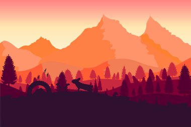 yüksek dağlar ve çöp bir arka plan üzerinde bir orman ile manzara. Düz tasarım. Güneş dağların üzerinden batıyor..