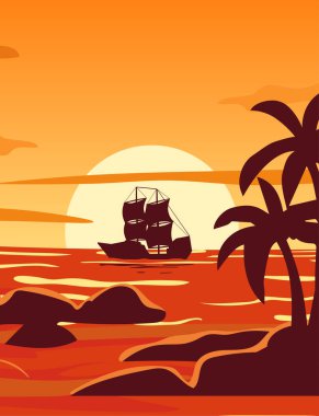 Tropikal güzel gün batımı, manzara, palmiye ağaçları, deniz, gemi, taşlar, karikatür tarzı.