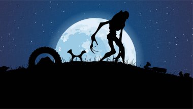 Dolunayın arka planında büyük bir canavar. Toprak kirliliği. Gece.