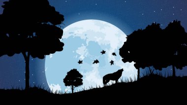 Ağaçlar, yapraklar ve tepeler ile Gece sonbahar arka plan. sorunsuz resim. Sezon. Dolunay. Karikatür tarzı