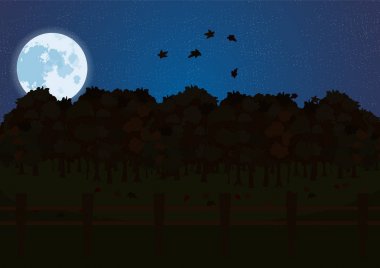 Ağaçlar, yapraklar ve tepeler ile Gece sonbahar arka plan. sorunsuz resim. Sezon. Dolunay. Karikatür tarzı