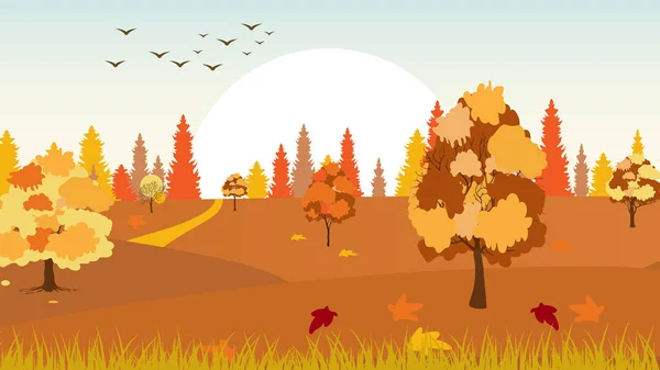 Autumn background with trees, leaves and hills. Seamless pattern.  Yellow, red, green leaves. Season of the year. Sunny weather. Autumn leaf fall. Cartoon style.