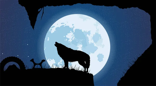 Vlk Skučí Měsíčním Svitu Úplněk Jeskyně Bestie Hvězdná Noc — Stock fotografie