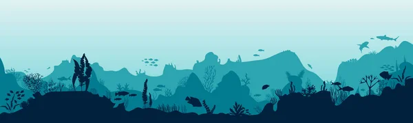 サンゴ礁を背景にした魚や藻類のシルエット 水中海のシーン 深い青い水 サンゴ礁と水中植物 美しい水中シーン — ストック写真