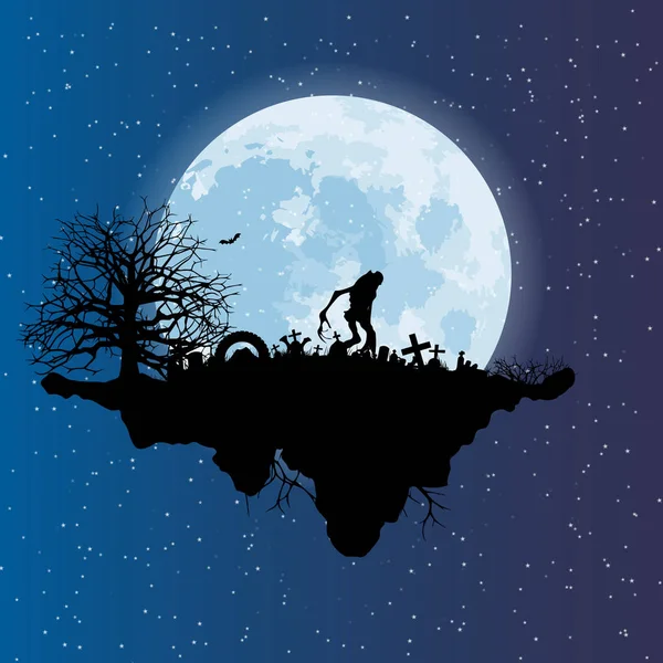 满月背景上的大怪物万圣节在公墓 夜间矢量图形 — 图库矢量图片
