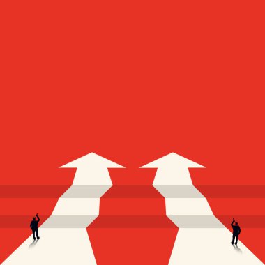 İş fırsatları veya engeller için vektör kavramı. Uçsuz bucaksız bir ok. İş adamı dürbünle bakar. - Evet. Öngörü kavramı, risk. Geleceğin sembolü, kariyer başarısı.