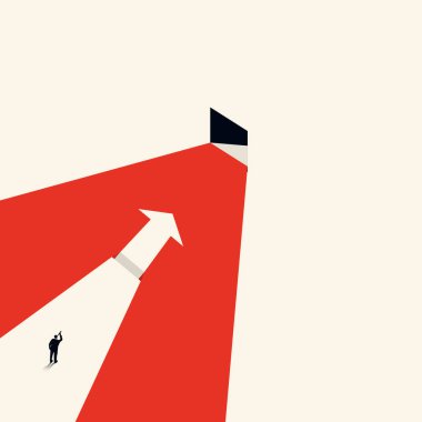 İş fırsatları veya engeller için vektör kavramı. Uçsuz bucaksız bir ok. İş adamı dürbünle bakar. - Evet. Öngörü kavramı, risk. Geleceğin sembolü, kariyer başarısı.